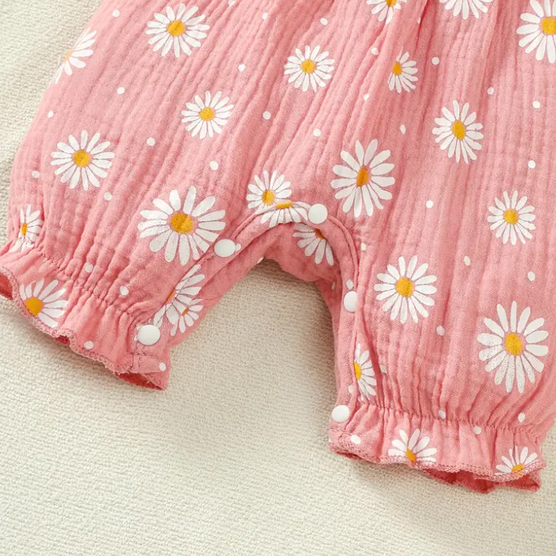 2PCS Cute Daisy Print Bow Short Sleeve Baby Jumpsuit