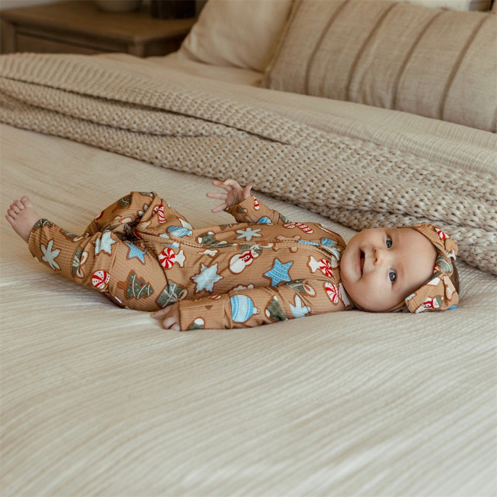 2PCS Sugar Cookies Print Ribbed Zip Baby Jumpsuit