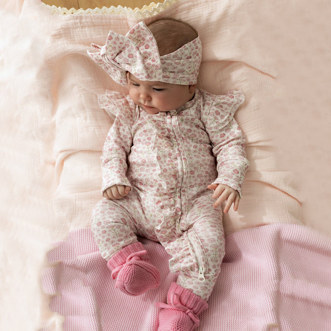 2PCS Cheerful Floral Print Long Sleeve Zipper Baby Jumpsuit