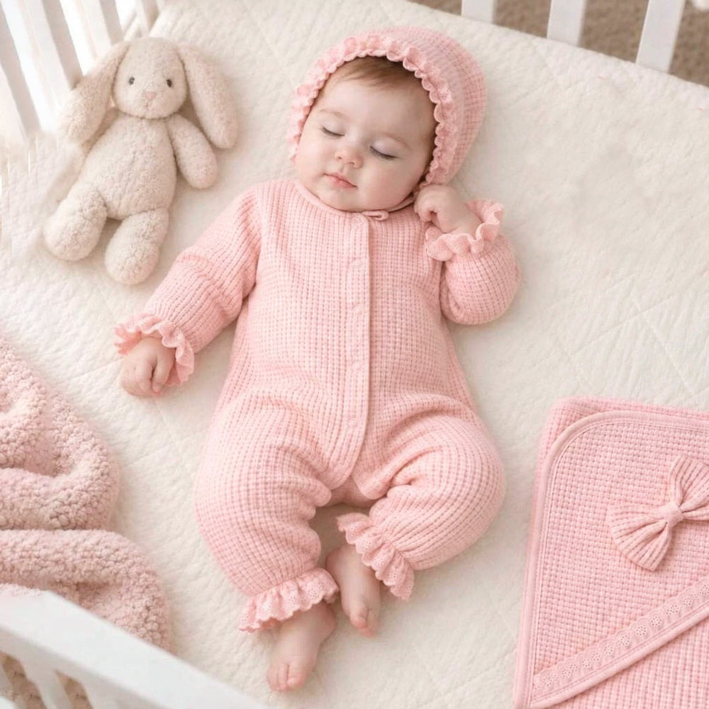 2PCS Sweet Solid Color Waffle Long Sleeve Baby Girl Jumpsuit