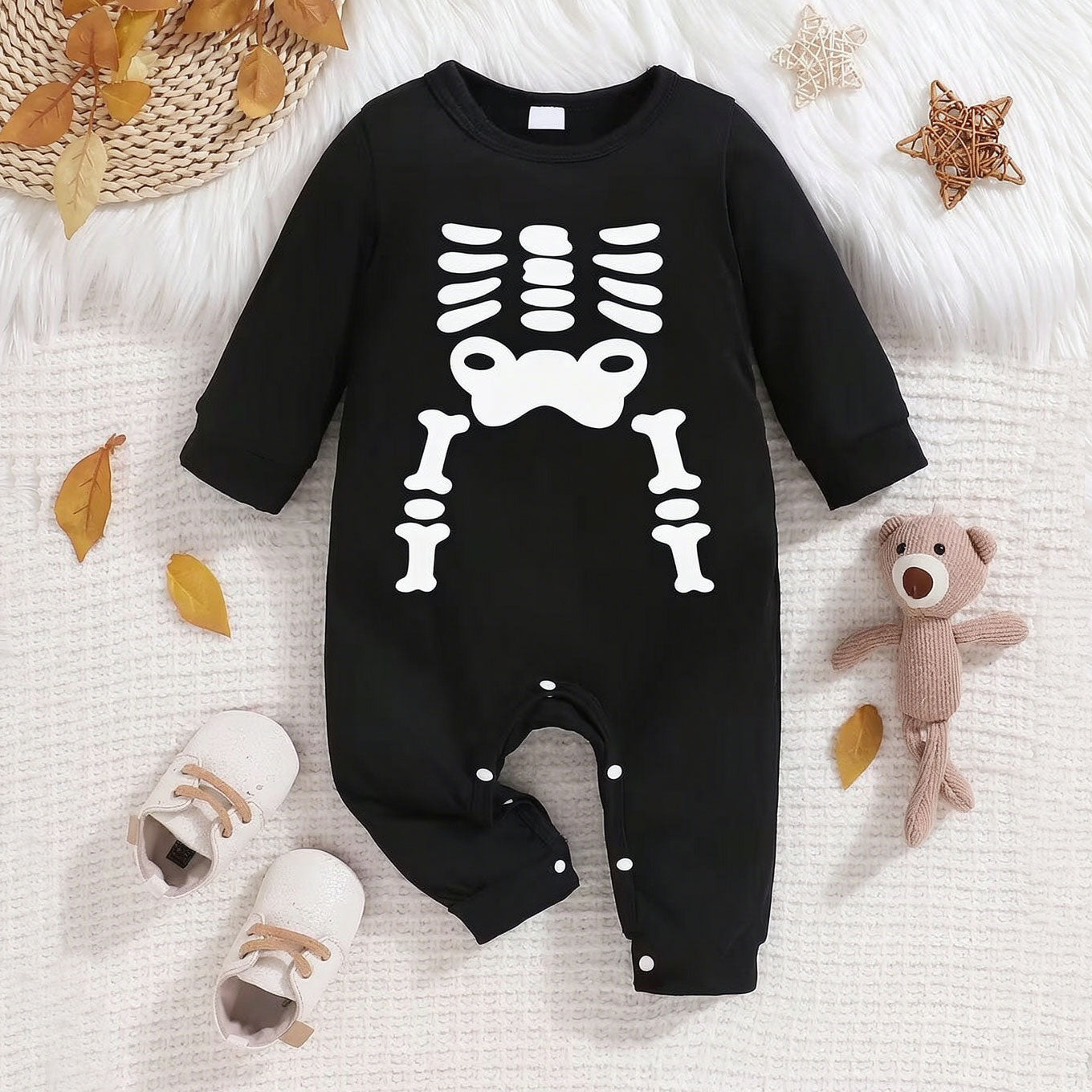 Timeless Halloween Skeleton Printed Long Sleeve Baby Jumpsuit