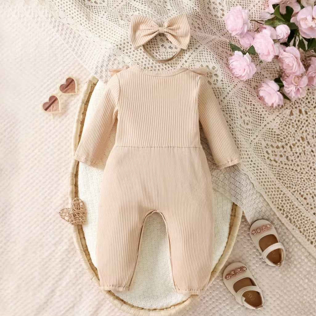 2PCS Comfy Solid Color Bowknot Long Sleeve Baby Jumpsuit