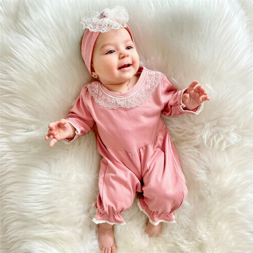 2PCS Pure Solid Color Lace Baby Jumpsuit