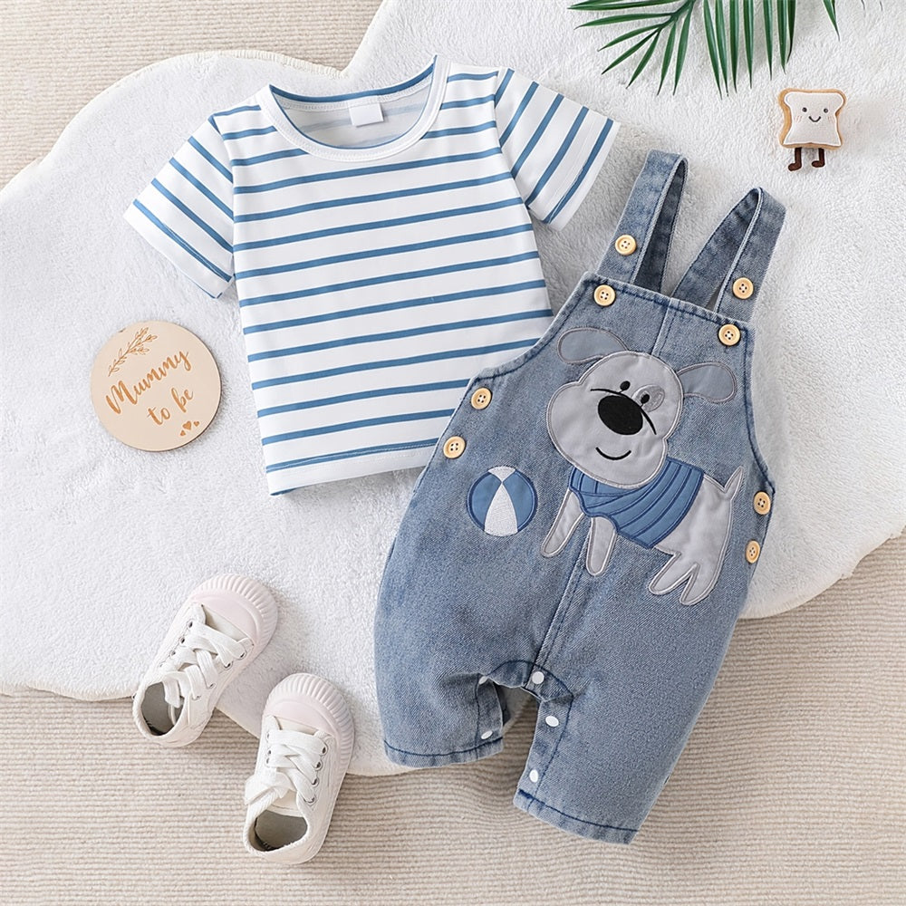 2PCS Cute Puppy Printed Striped Short Sleeve Baby Denim Overalls Set