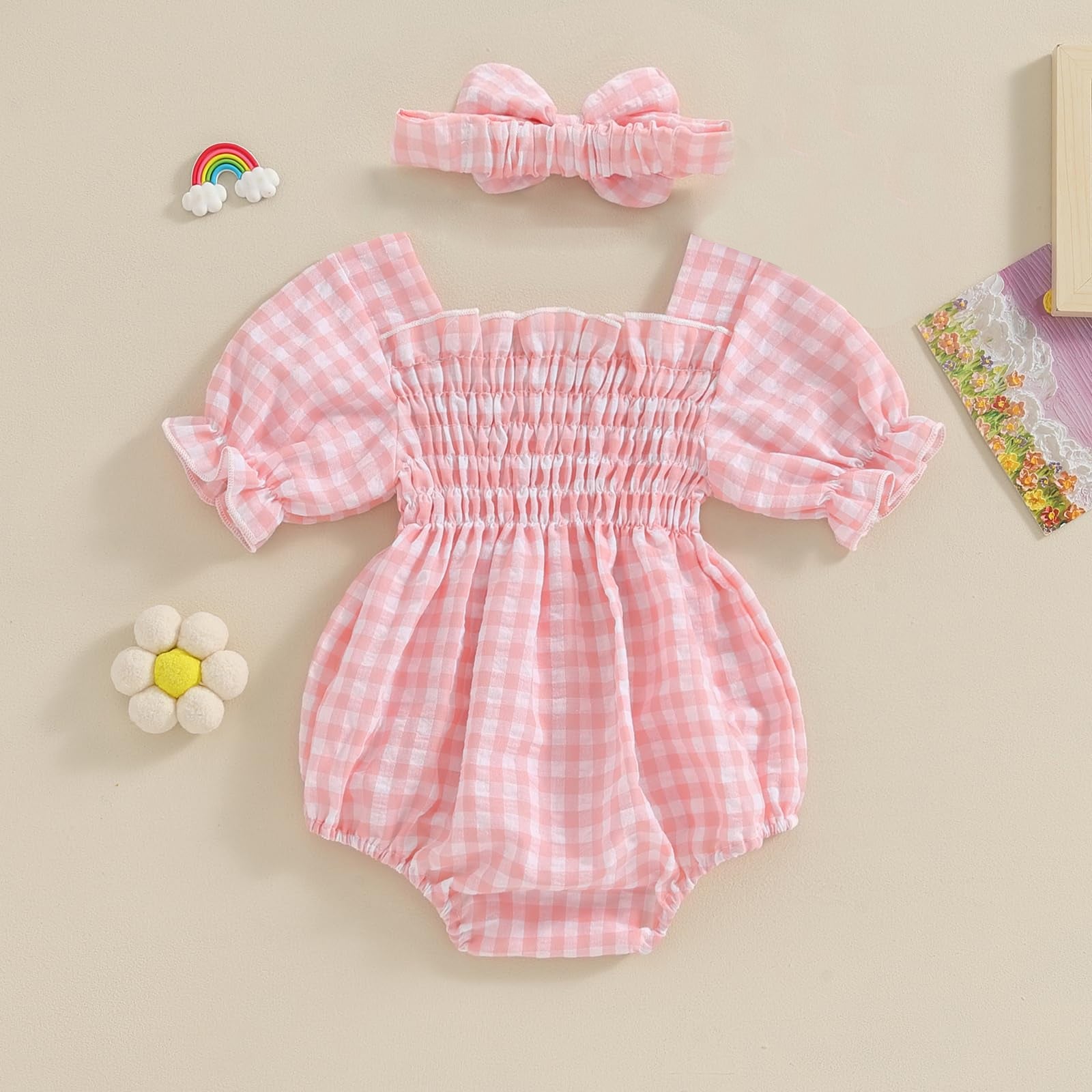 2PCS Sweet Plaid Printed Baby Romper