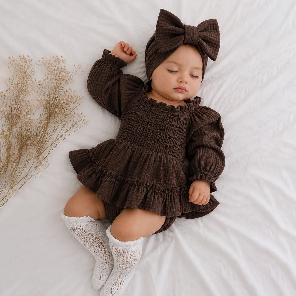 2PCS Casual Baby Girl Solid Color Ruffle Long Sleeve Romper