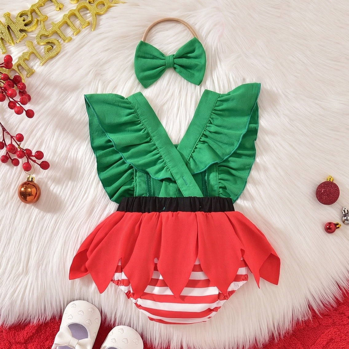 2PCS Green Red Elf Style with Striped Bloomer Flutter Sleeve Baby Romper