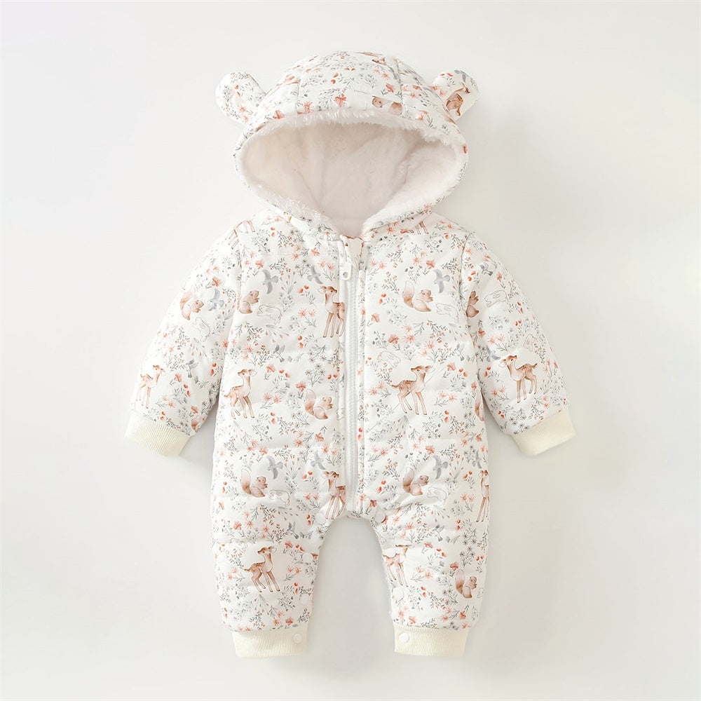 Winter Animal Print Long Sleeve Plush Hooded Jumpsuit