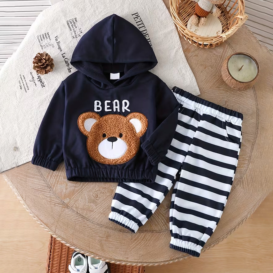 2PCS Bear Stripe Printed Hoodie Baby Set