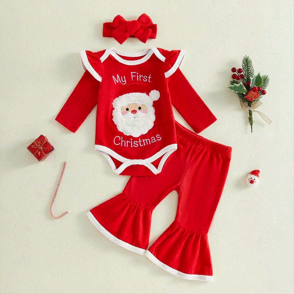3PCS My First Christmas Letter Print Santa Claus Appliqué Baby Girl Set