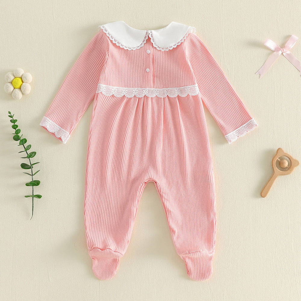 Pretty Solid Color Bow Embroidery Long Sleeve Baby Jumpsuit