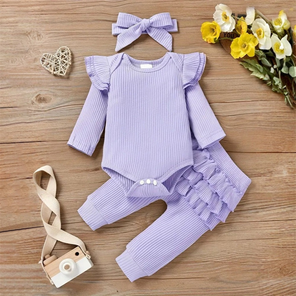 3PCS Solid Color Ruffle Trim Long Sleeve Baby Set