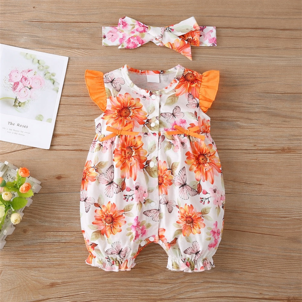 2PCS Floral and Butterfly Printed Fly Sleeve Baby Jumpsuit