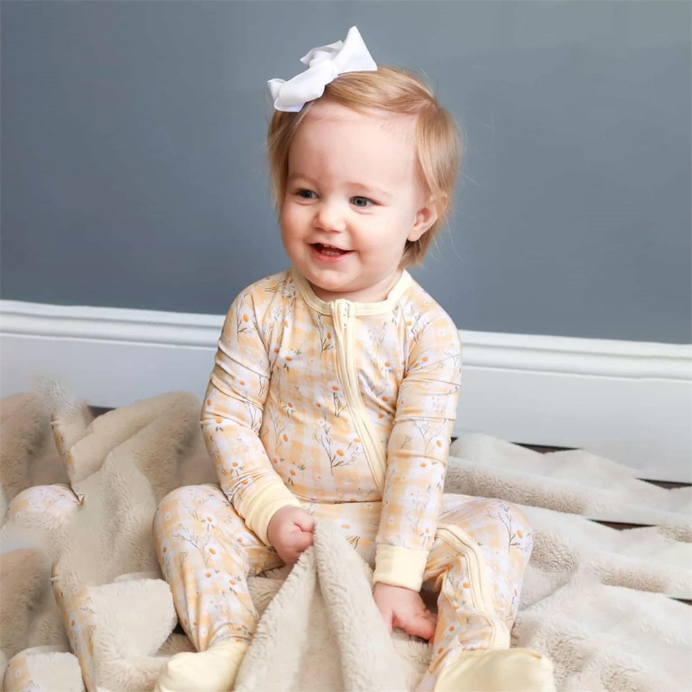 Casual Floral Printed Plaid Long Sleeve Zipper Baby Jumpsuit