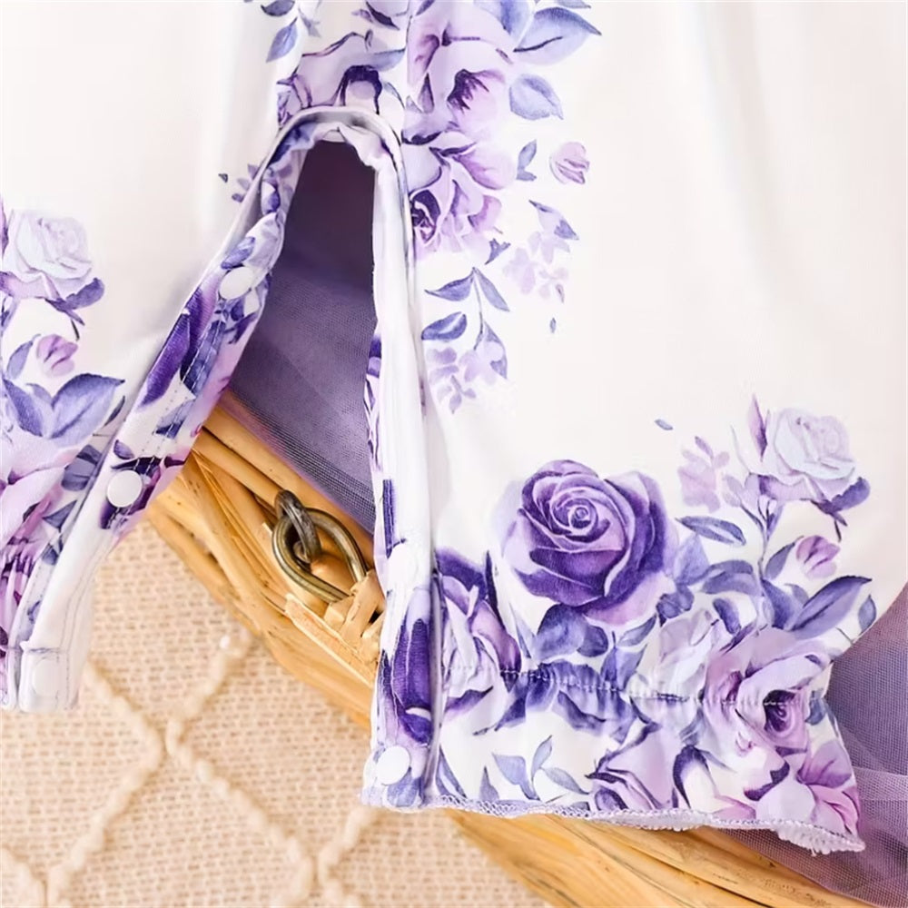 2PCS Purple Floral Print Bowknot Long Sleeve Baby Jumpsuit