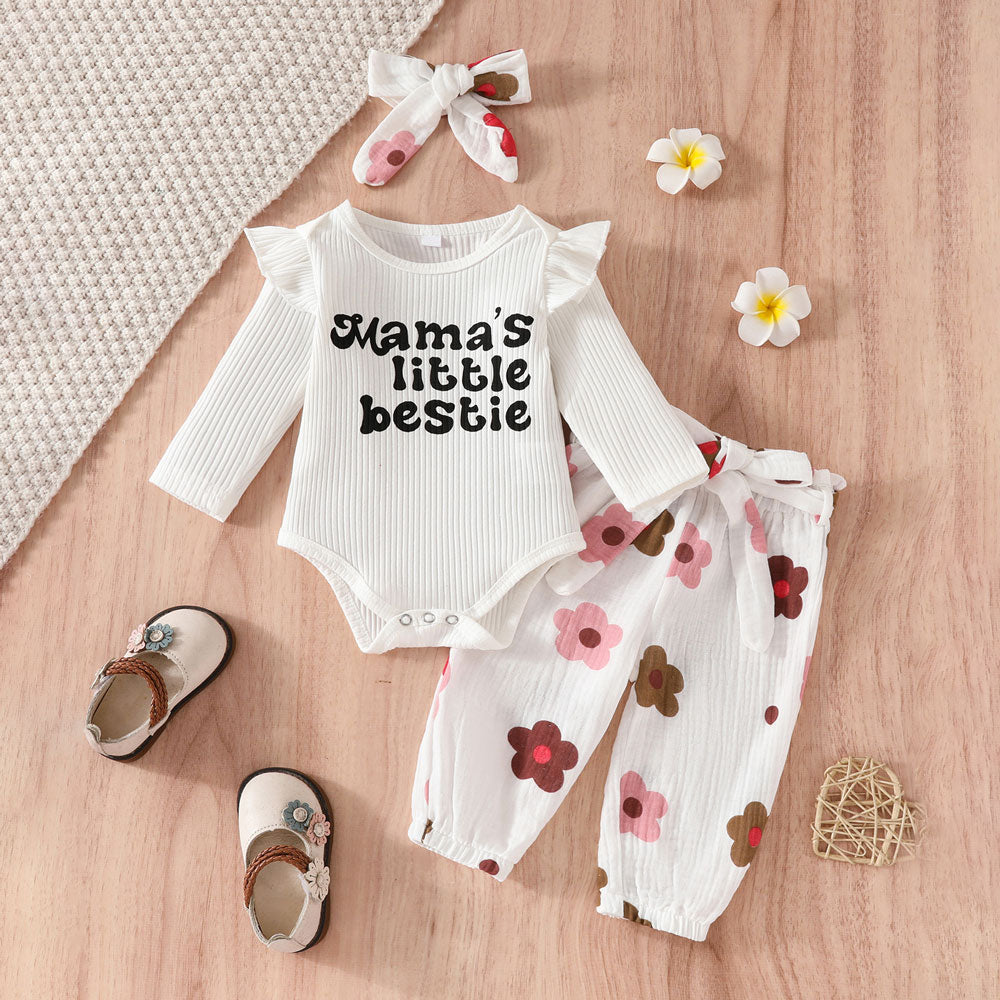 3PCS Timeless Mommy's Little Bestie Letter Floral Printed Baby Girl Set