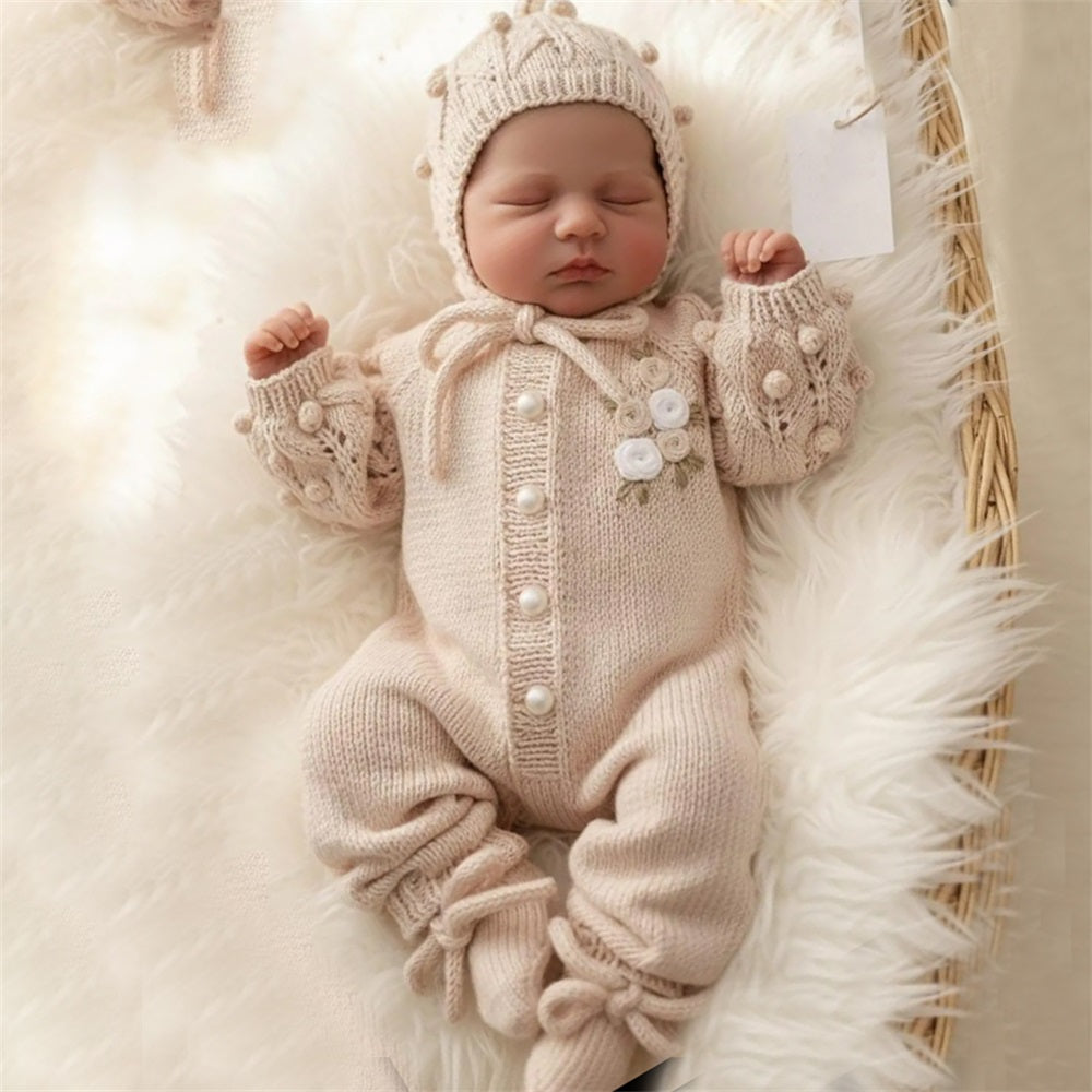 2PCS Floral Embroidery Knit Long Sleeve Baby Jumpsuit