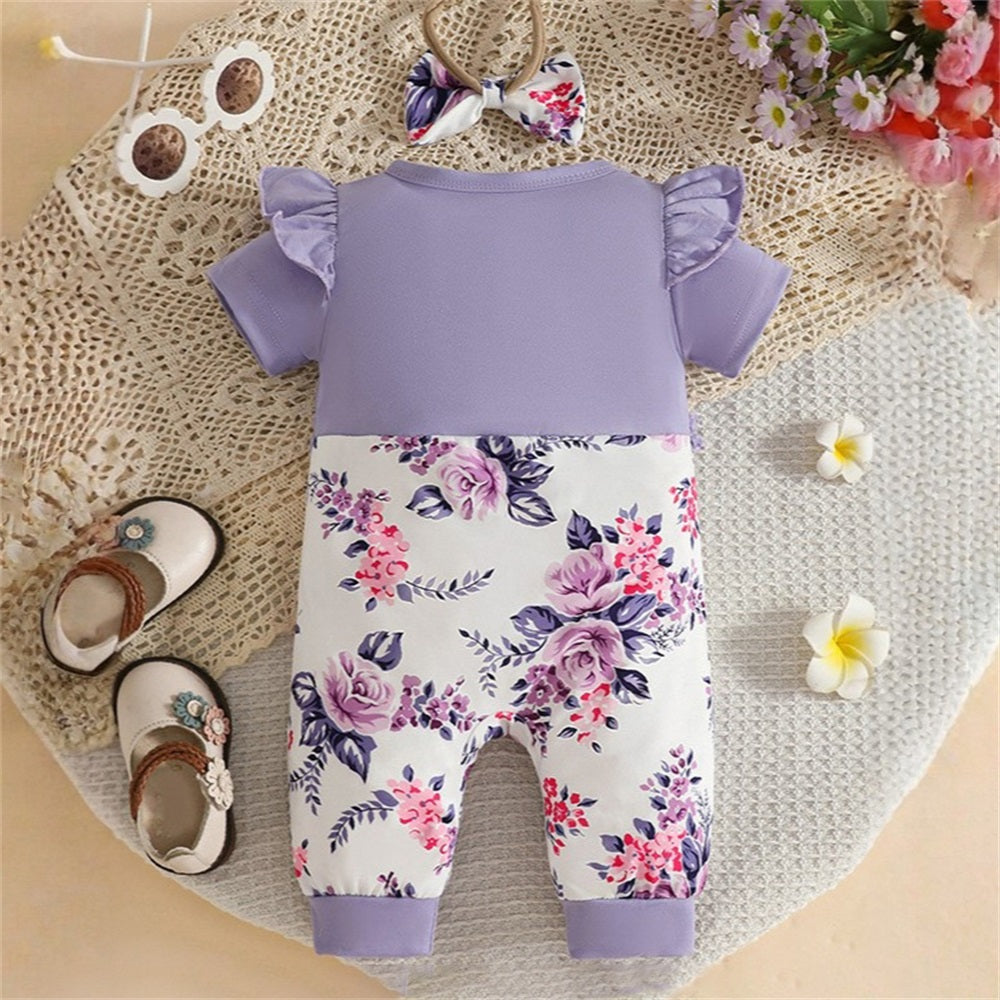 2PCS Floral Print Bow Frill Trim Short Sleeve Baby Jumpsuit