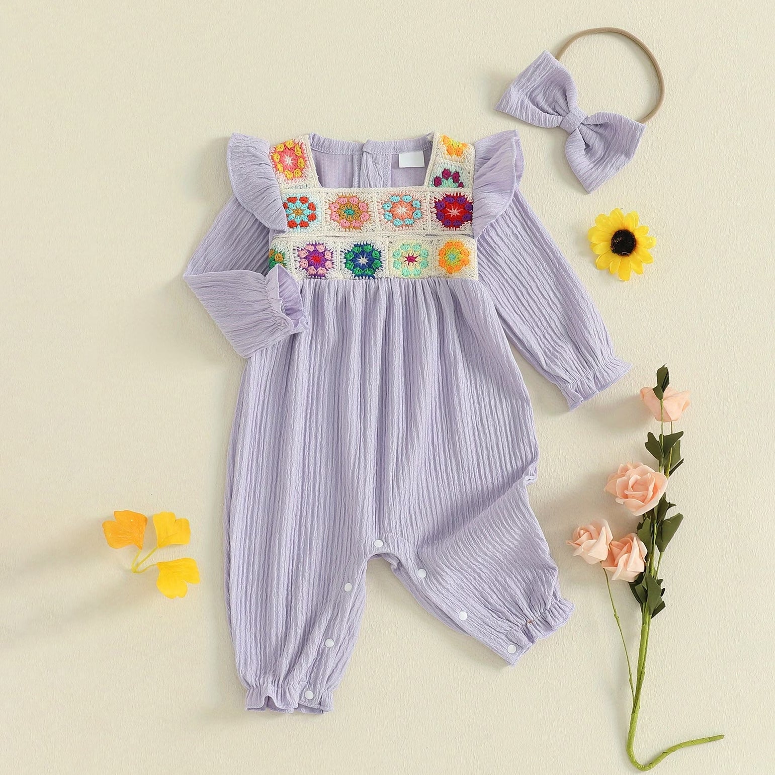 2PCS Elegant Floral Embroidery Long Sleeve Baby Jumpsuit