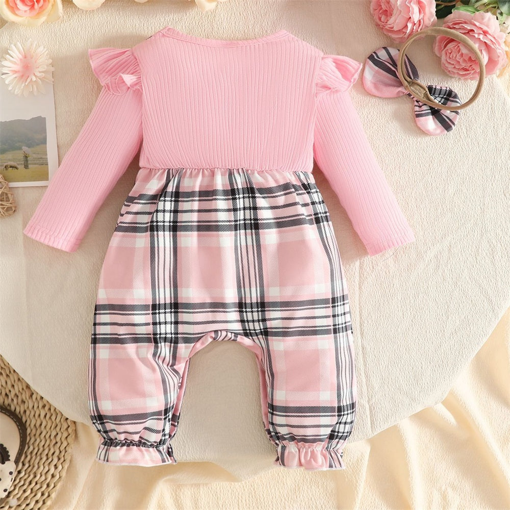 2PCS Sweet Plaid Printed Long Sleeve Baby Girl Jumpsuit