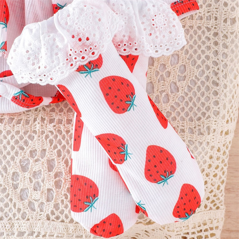 3PCS Strawberry Printed Ruffled Long Sleeve Baby Romper