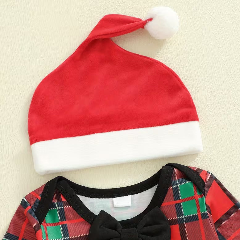 3PCS Letter Embroidered Santa Plaid Print Baby Boy Overalls Set