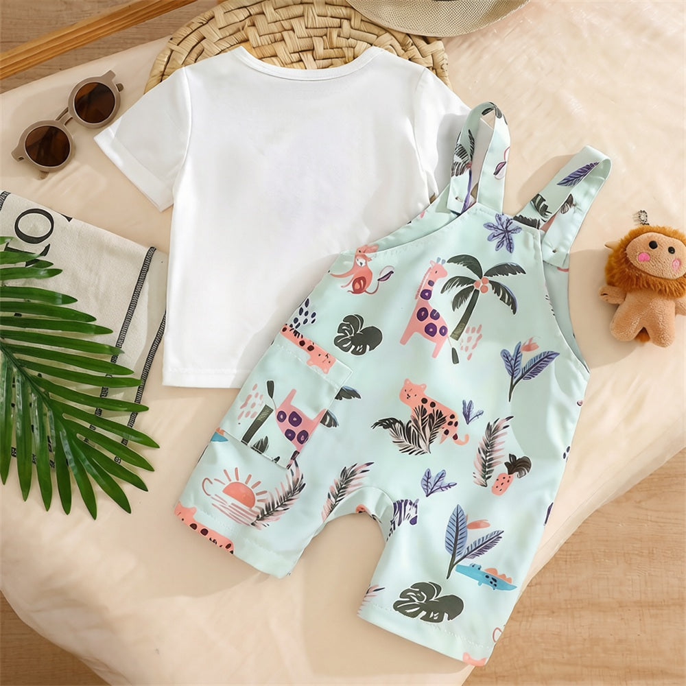 2PCS Adorable Animal Printed Short Sleeve Overalls Baby Set