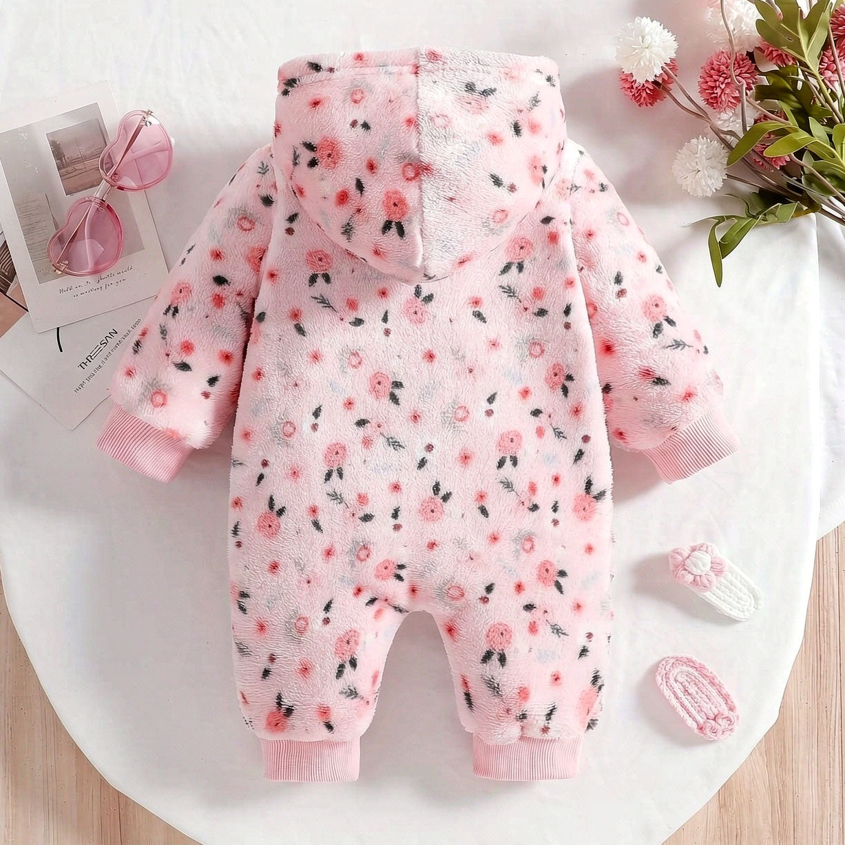Sweet Floral Printed Fuzzy Hoodie Long Sleeve Baby Girl Jumpsuit