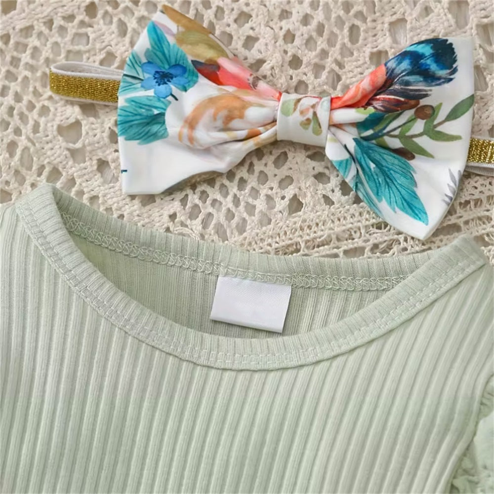 3PCS Stylish Floral Print Ribbed Bubble Sleeve Baby Set