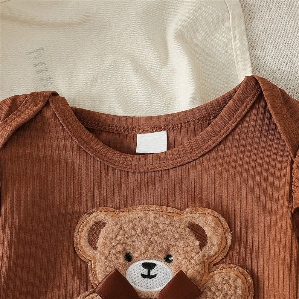 2PCS Bear Applique Plaid Printed Long Sleeve Baby Set