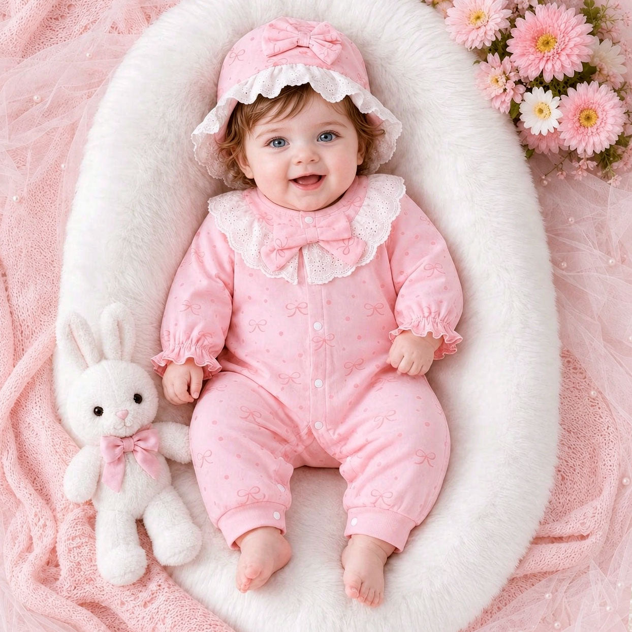 2PCS Charming Bow Printed Ruffle Long Sleeve Baby Jumpsuit