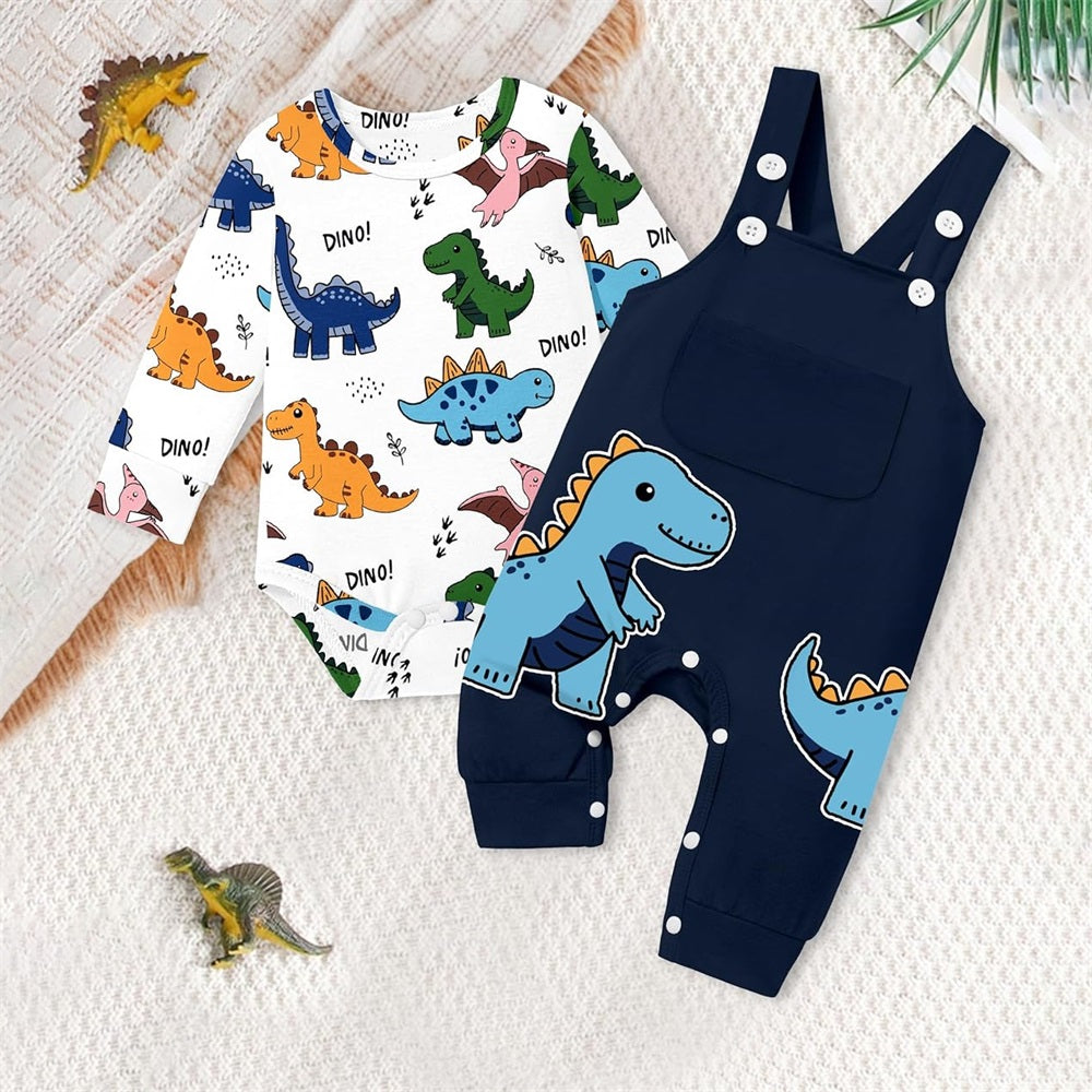 2PCS Casual Cartoon Dinosaur Print Long Sleeve Baby Overalls Set