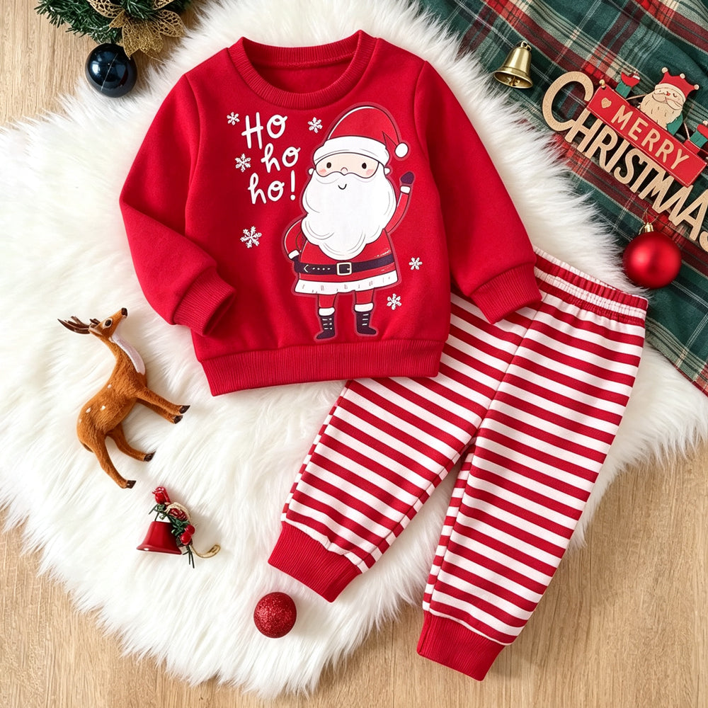 2PCS Ho Ho Ho Letter Santa Claus Stripe Print Long Sleeve Baby Set