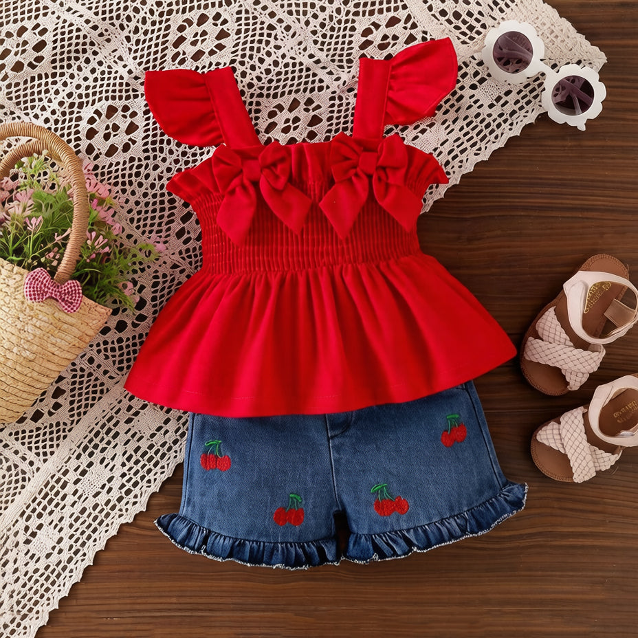 2PCS Summer Cherry Embroidery Flutter Sleeve Denim Baby Set