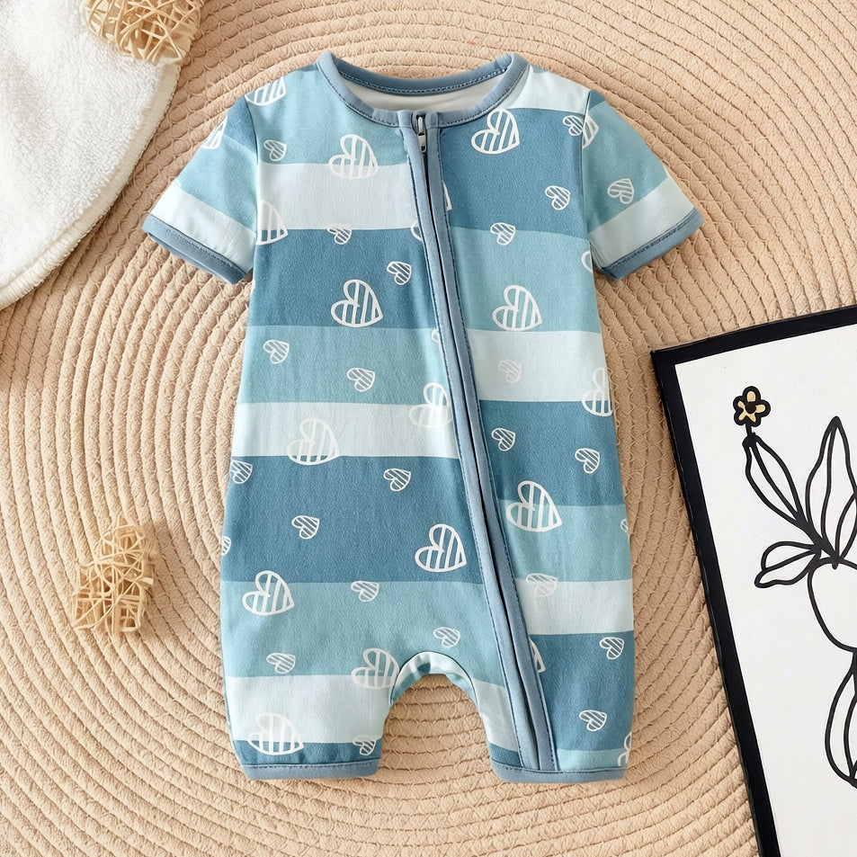 Cute All-Over Heart & Stripe Print Short Sleeve Zipper Baby Jumpsuit