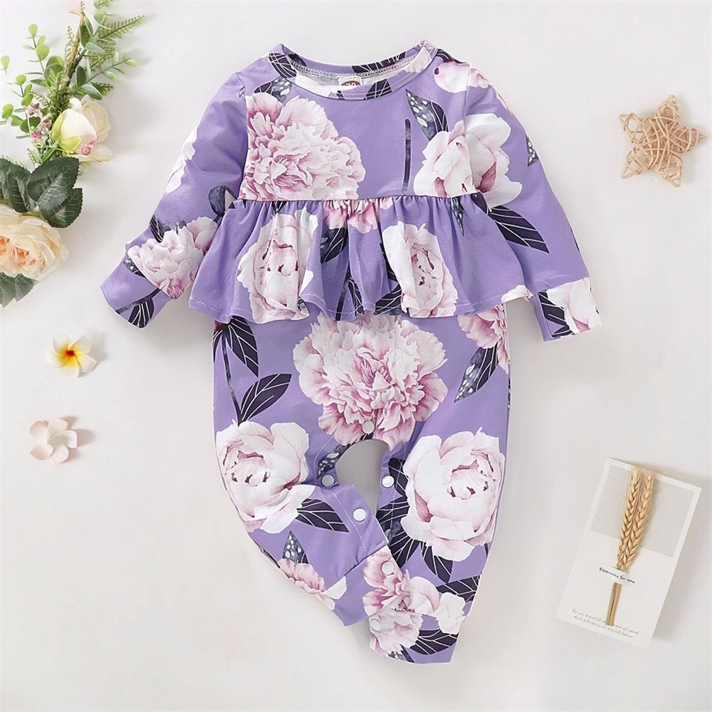 Stylish Floral Print Ruffle Trim Long Sleeve Baby Jumpsuit