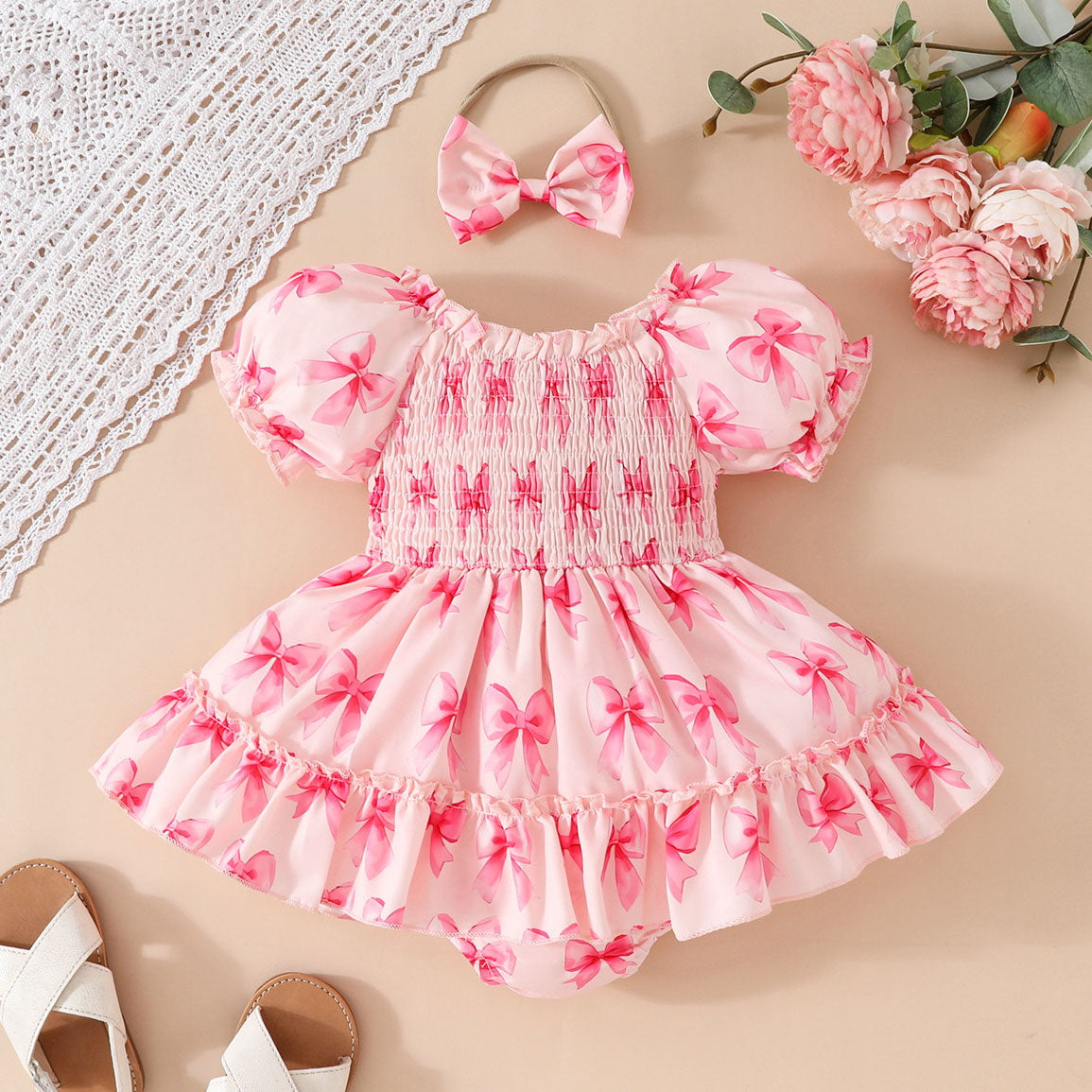 2PCS Vibrant Bow Printed Short Sleeve Baby Romper