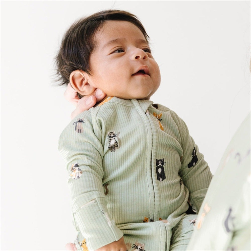 Casual Cat Print Ribbed Zip Baby Jumpsuit