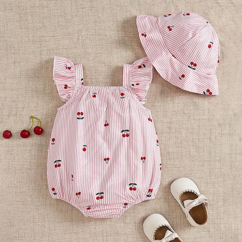 2PCS Sweet Cherry Print Flutter Sleeve Baby Romper