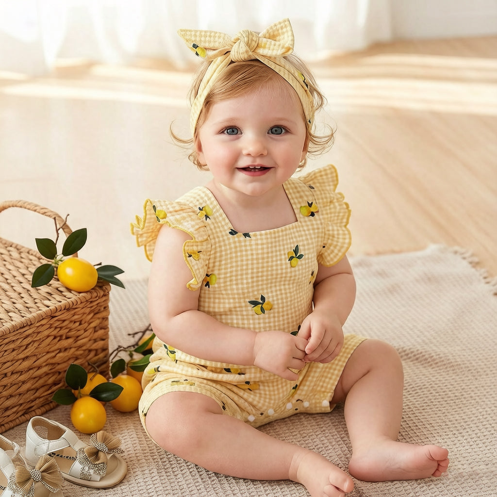 2PCS Fresh Lemon & Plaid Print Flutter Sleeve Baby Jumpsuit