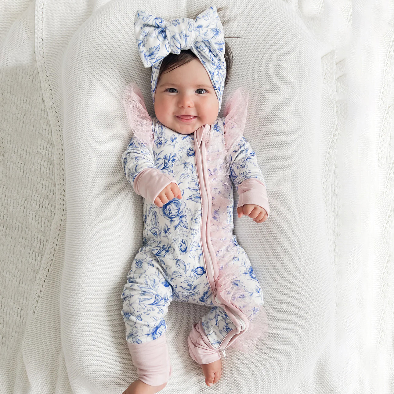 2PCS Pretty Floral Print Tulle Zipper Long Sleeve Baby Jumpsuit