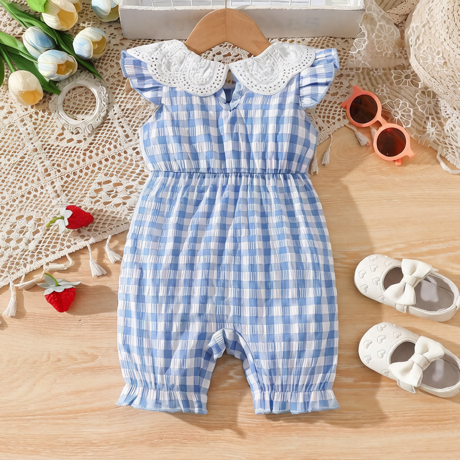 Strawberry Embroidery Plaid Print Flutter Sleeve Baby Jumpsuit
