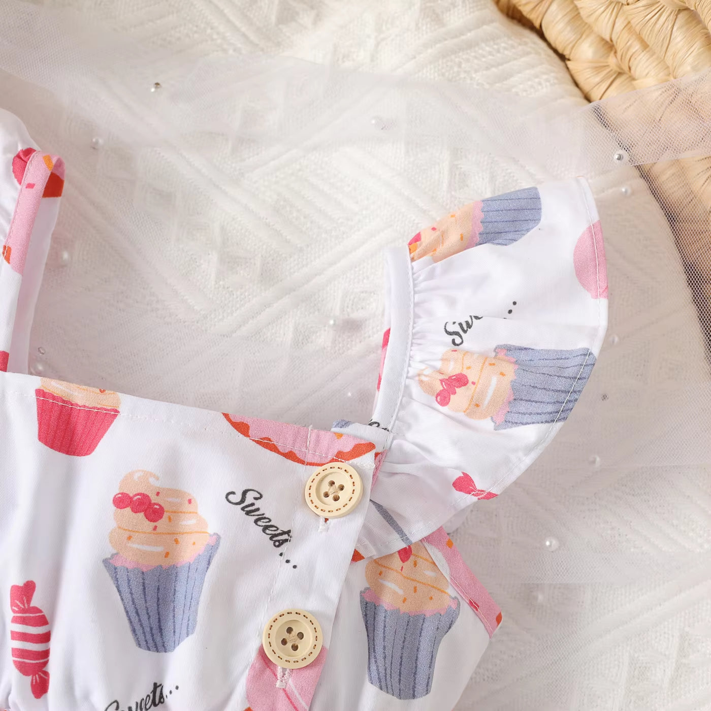 Sweet Letter Cake & Donut Printed Flounce Sleeve Baby Jumpsuit