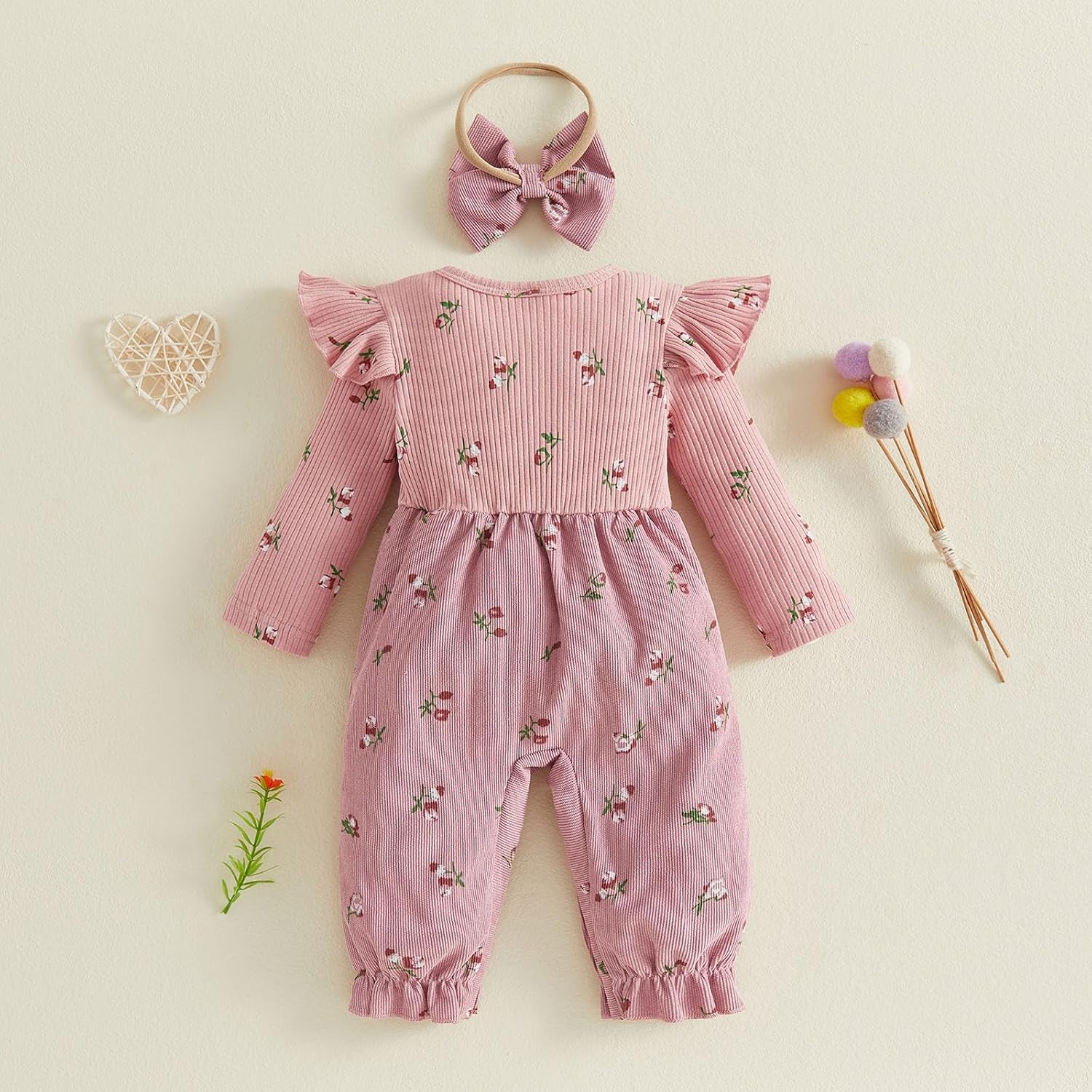 2PCS Classy Floral Printed Long Sleeve Baby Girl Jumpsuit