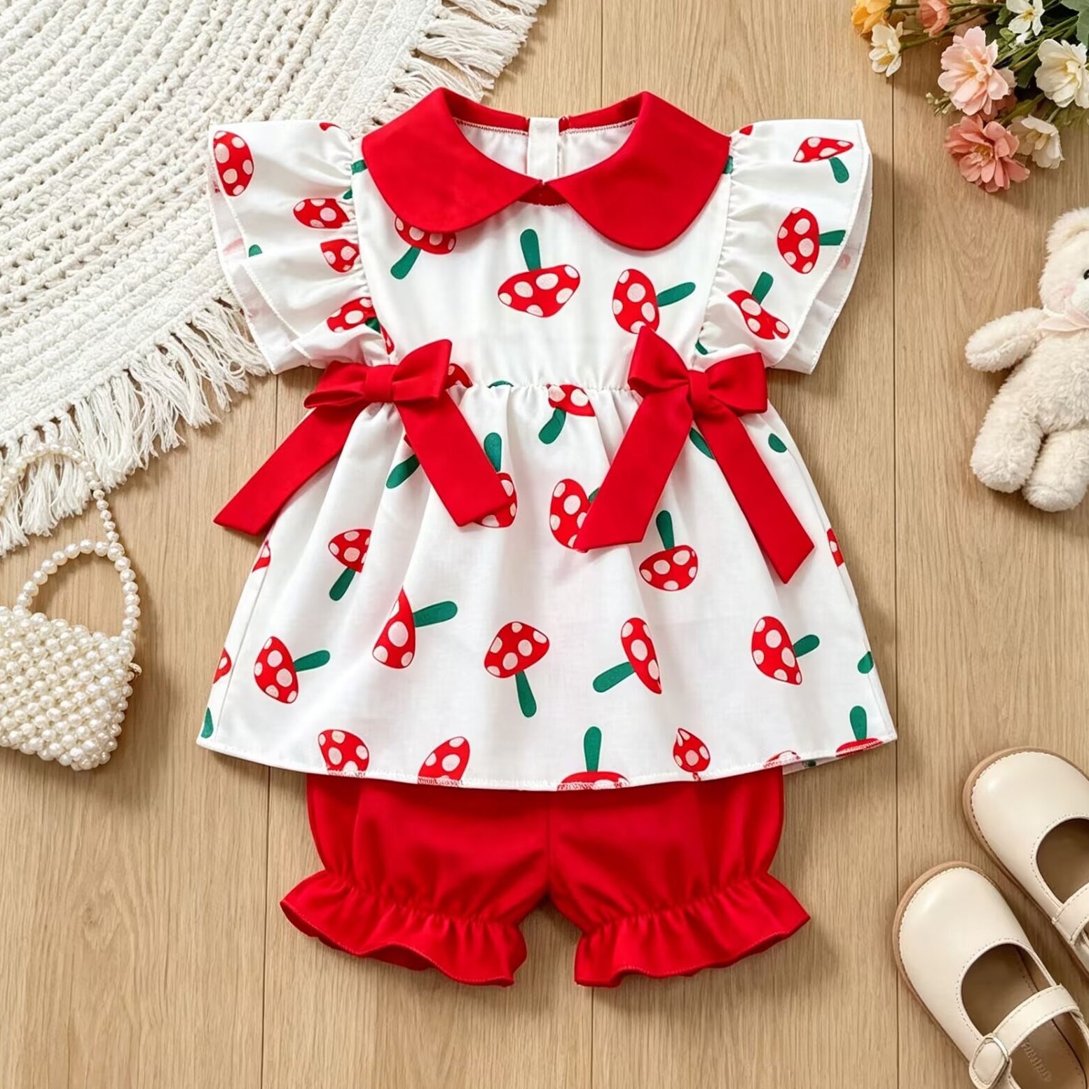 2PCS Cute Mushroom Print Flutter Sleeve Baby Girl Set