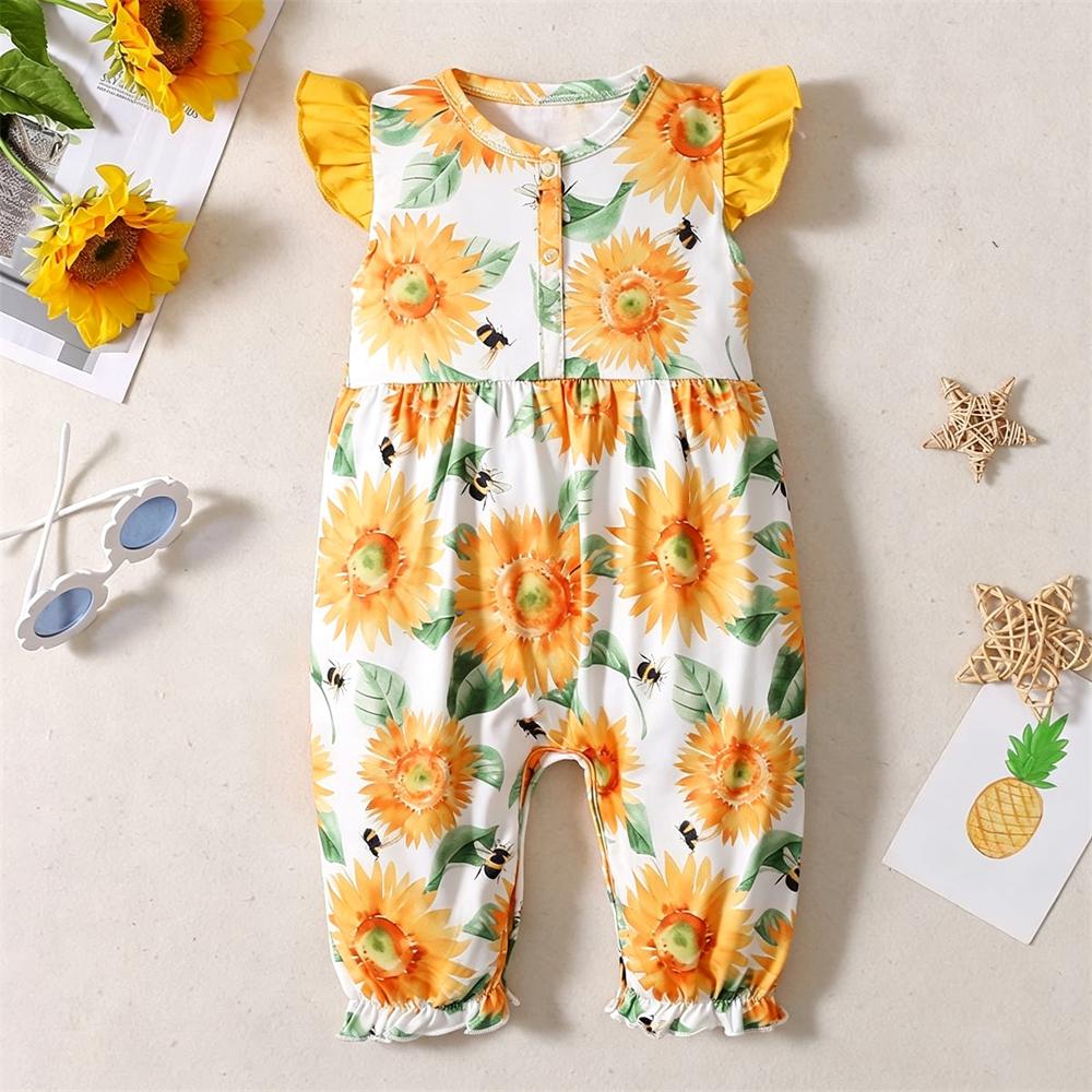 Lovely Sunflower Printed Flutter Sleeve Baby Jumpsuit