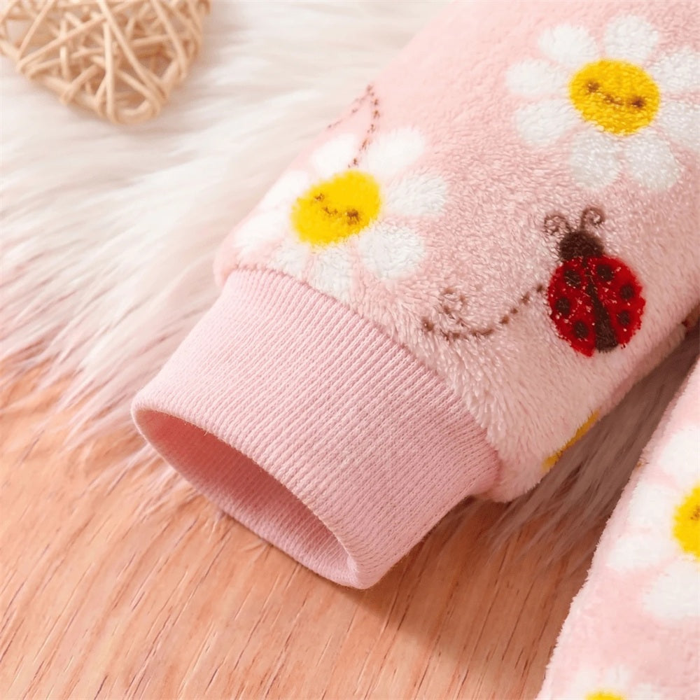 Grace Ladybug Floral Printed Fuzzy Baby Girl Jumpsuit