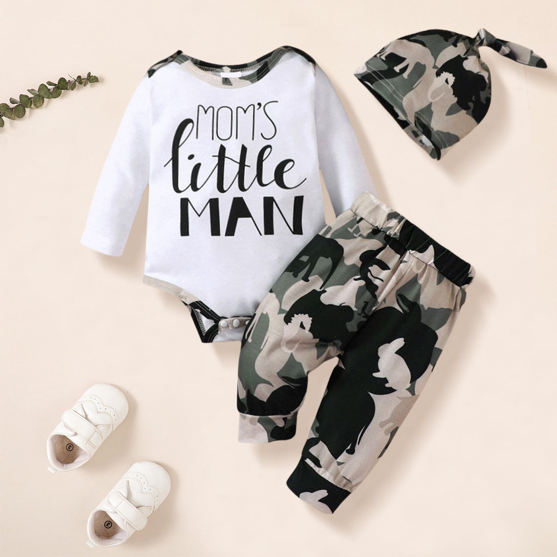 3PCS Mom's Little Man Letter Camouflage Print Baby Set