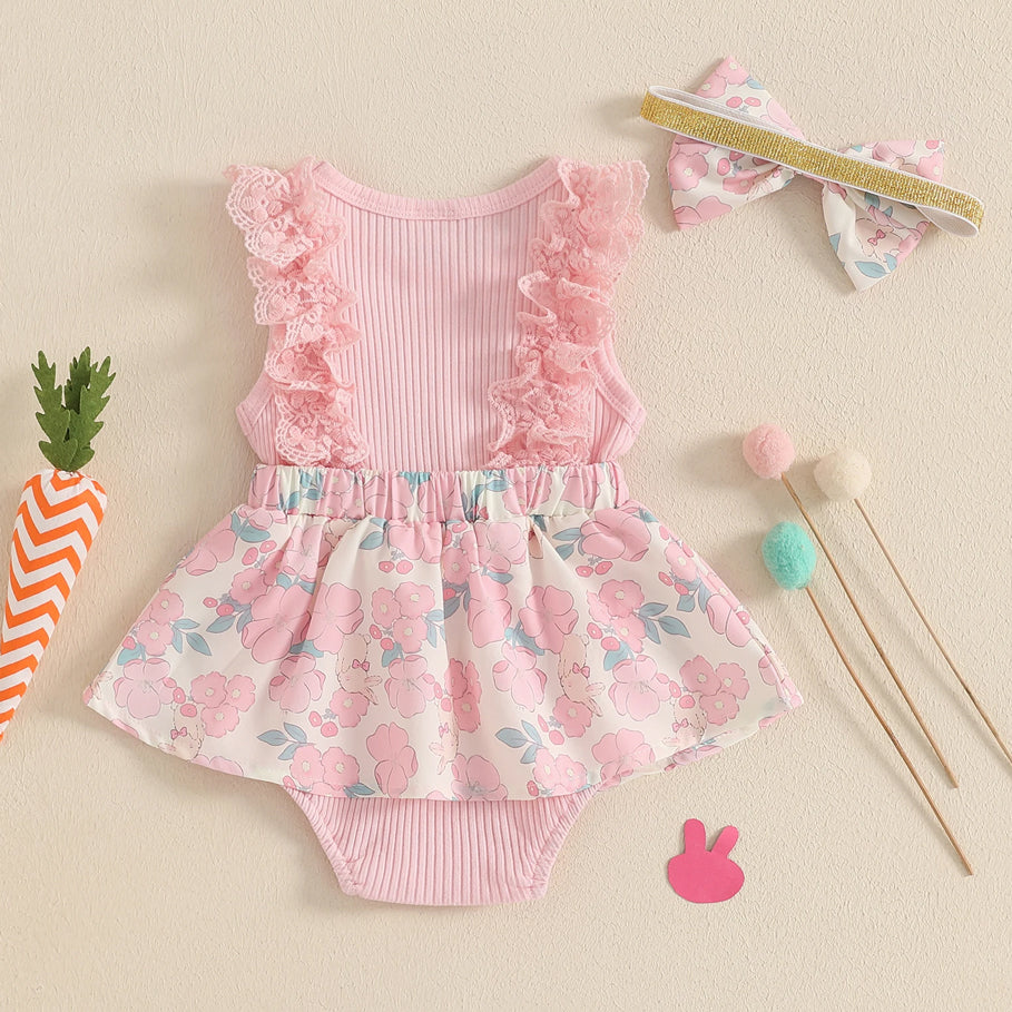 2PCS Sweet Floral Print Lace Appliqué Sleeveless Baby Romper
