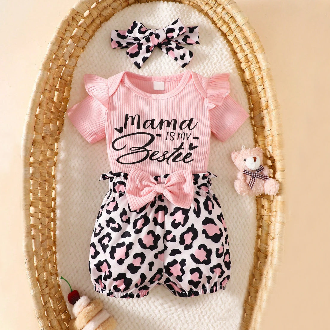 3PCS Mama Is My Bestie Letter Leopard Print Baby Set